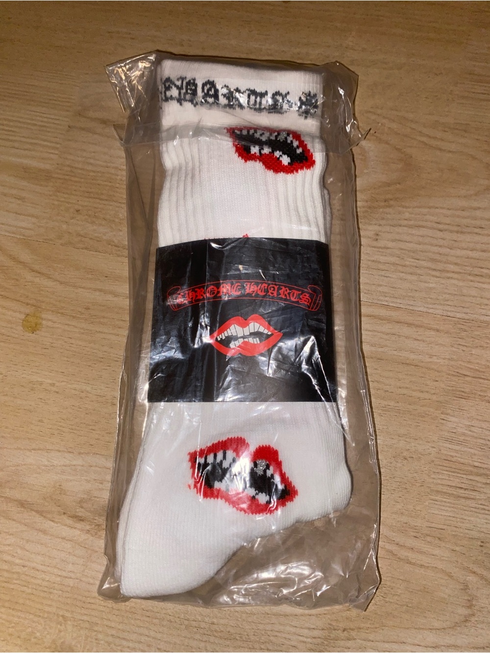 White Crew Socks with Red Lip Graphic - Unbranded